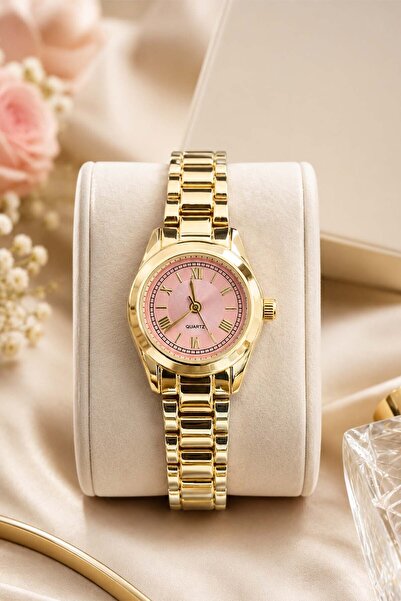 GANYMET Women's Gold Steel Wristwatch with Powder Pink Dial, Roman Numerals, ...