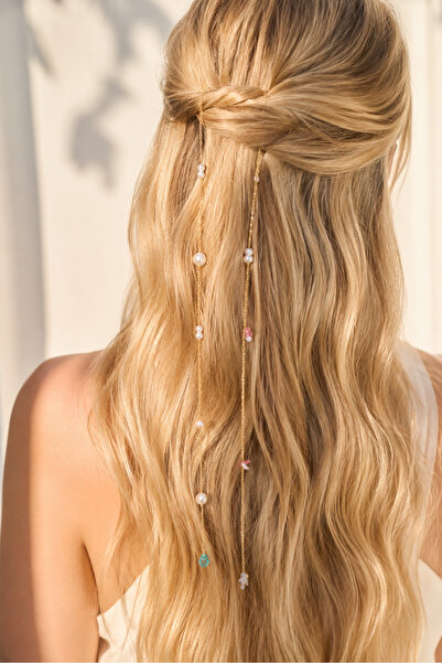 Bukiro Pearl Detailed Gold Hair Chain with Clasp Bohemian Bridal Festival Wom...