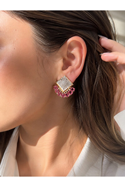 ANKA JEWELLRY Fuchsia Stone-Detailled Geometric Women's Steel Earrings