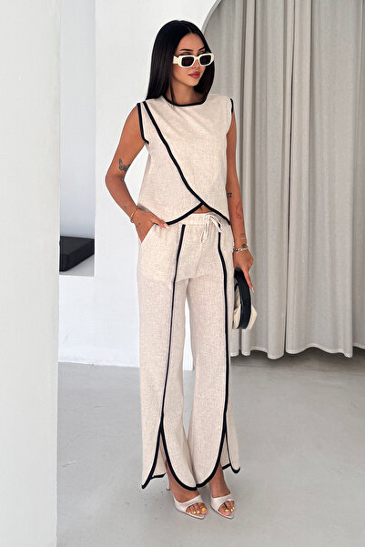 Noa&Noa Women's Contrast Piping Sleeveless Double Set Beige Pants Blouse Set