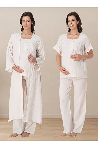 ByLohusa Muslin Fabric Dressing Gown Maternity Nursing Pajama Set Effortt - S...