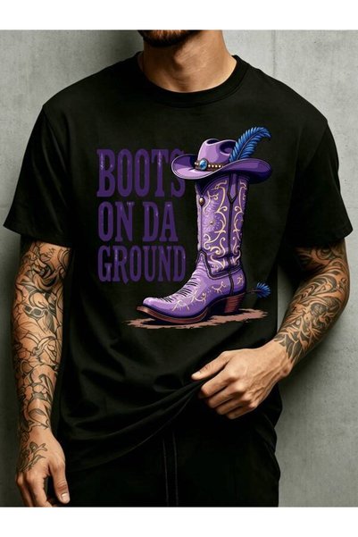 STITCHLY Western Style Cowboy Boot Design With Purple Hat Feather Boots On for da Ground Text Mens Crewneck T Shirt Loose Fit 100 Percent Fashion Versatile Soft Comfortable Fabric Suitable Daily Wear And