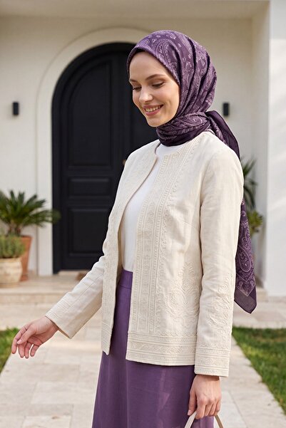 Modamorfo Lined Linen Jacket with Embroidery on the Front and Sleeves - Cream