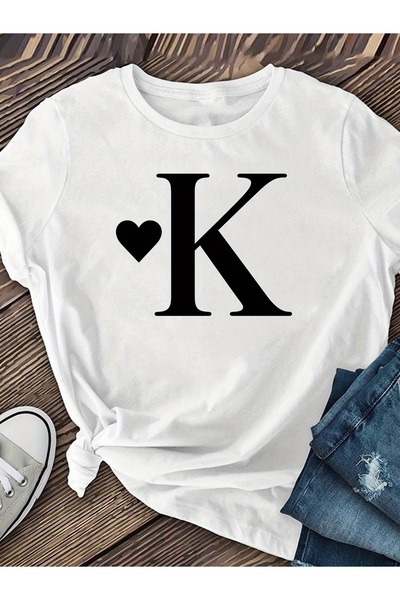 1001 Line Women's Casual T-shirt with The Letter "K" Printed - cotton, Round ...