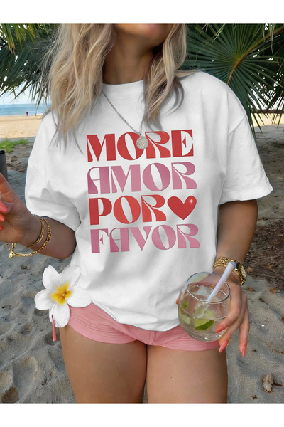 STITCHLY تي شيرت نسائي بطبعة "MORE AMOR POR FAVOR" - بلوزة كاجوال بأكمام قصير...