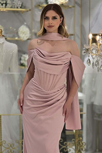 Yonca Moda Evi Pudra Saten İşlemeli Balenli Drapeli Abiye 2011