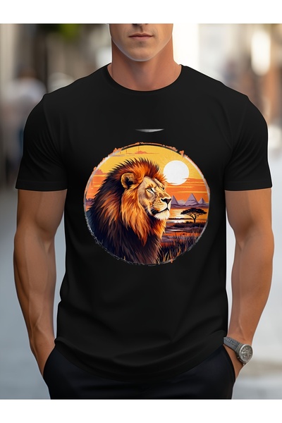 212Wear تي شيرت رجالي أسود غير رسمي يتميز برسومات رائعة لأسد فخم ذو شعرة كامل...