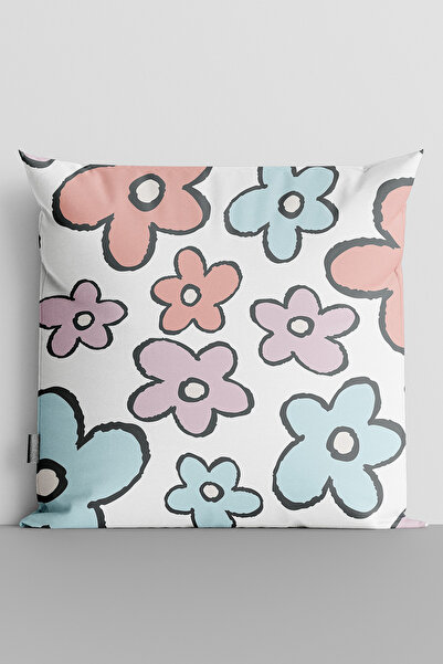 TicaretJet Colorful Flowers Double Sided Digital Printed Throw Pillow Cover