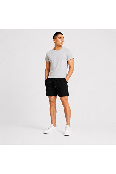 don-x |   Men's Elastic Waist Lace-Up Capri Shorts with Pockets (Black)