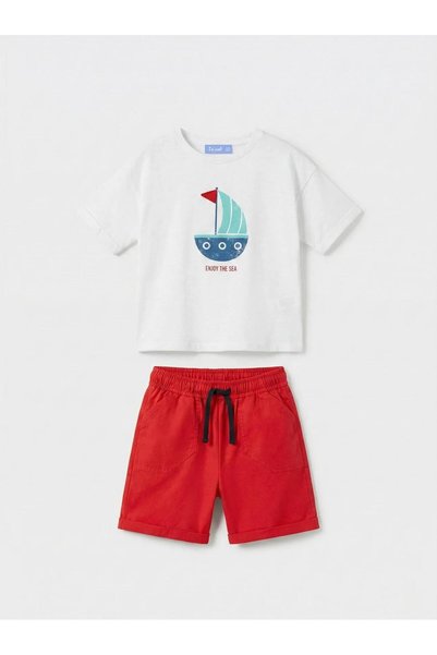 erayalpkids Boy's Red Sailing Printed T-Shirt Shorts Set