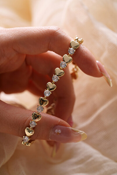 AŞIK ACCESSORIES Gold Color Heart and Stone Classic Bracelet