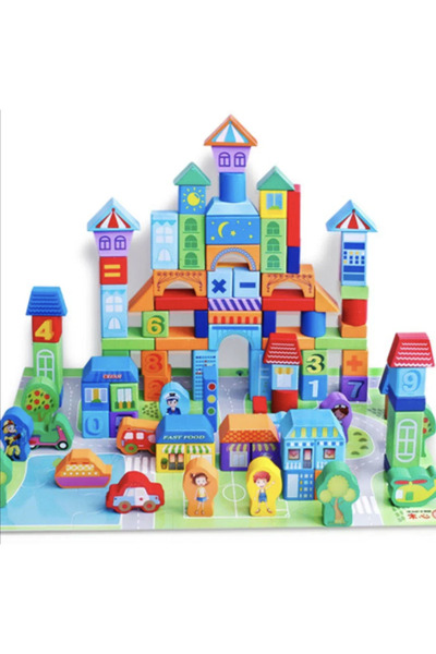 Krista Set de construcție 100 Cuburi din Lemn - Smart Town