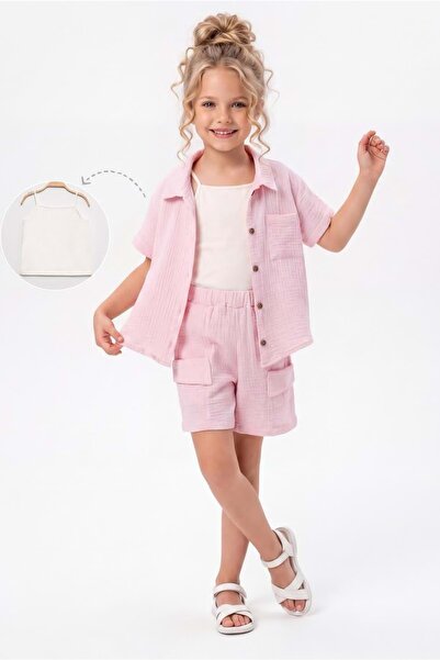 Mnk Baby&Kids Girl's 3-Piece Cotton Muslin Comfortable Set M00837 Pink