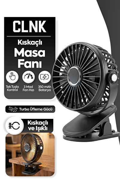 CLNK Kıskaçlı Siyah 3 Kademe 360 Dönebilen Işıklı Sessiz Şarjlı Taşınabilir F...