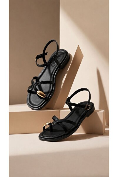 M&B COLLECT Women's Black Flip-Flop Sandals with Gold Buckle, Adjustable Ankl...
