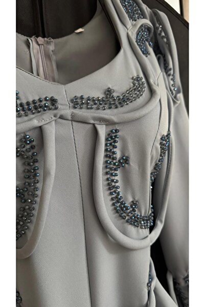 FASHION Sky Blue Long Dress with Innovative Design, Embellished with Dark Emb...