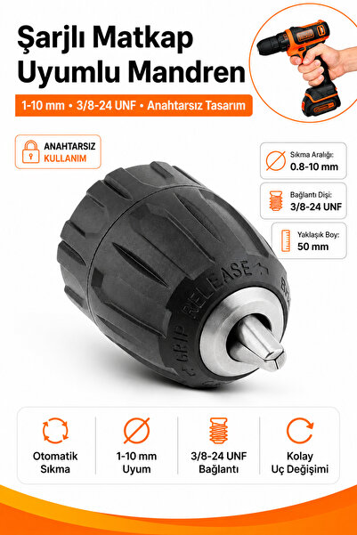 Ticisoft 1-10 mm Anahtarsız Matkap Mandreni 3/8-24 UNF Şarjlı Matkap Uyumlu O...