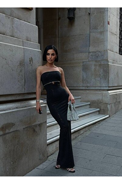 NİCE STYLE فستان نسائي طويل من الليكرا بالكامل مزين بتفاصيل من السحاب وطباعة ...