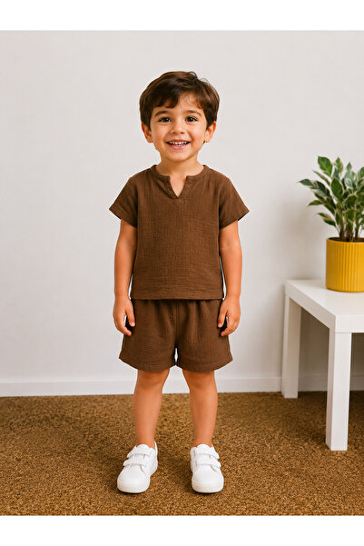 ues Girl's and Boy's Brown Muslin Shorts Set