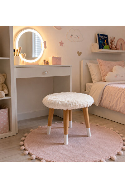 Fuvela Home Beyaz Peluş Puf Tabure