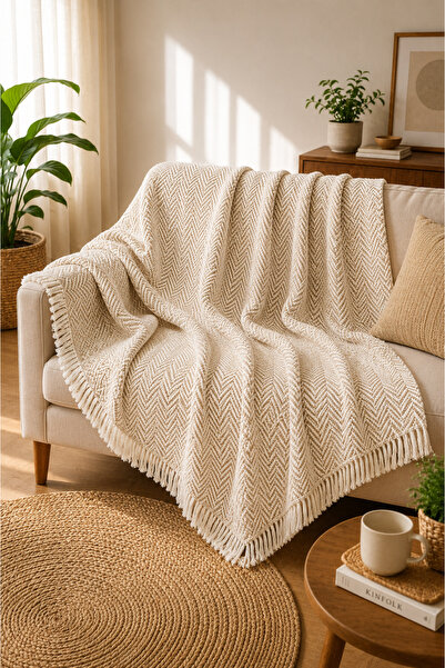Kyrotech Premium Cotton Sofa Cover 170X210 cm Cream, Modern Striped Reversibl...