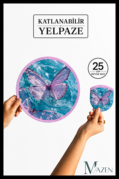 MAZEN Katlanabilir Yelpaze 25 cm Büyük Boy Kore Yelpazesi Kelebek Desenli Taş...