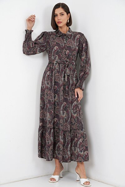 Hiccup Bdart Belted Paisley Patterned Midi Shirt Dress