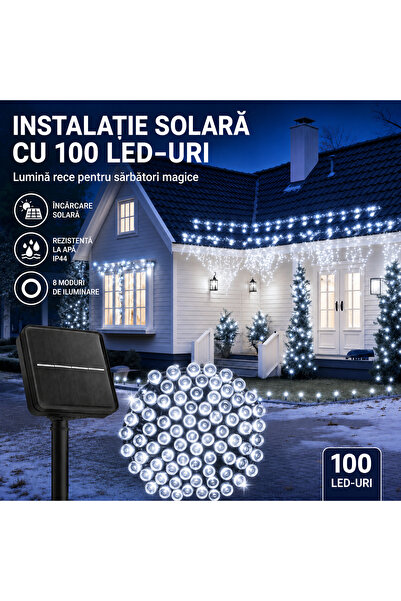 OricareFain Instalație cu panou solar, 100 LED-uri, 10 M, Pentru exterior, Lu...