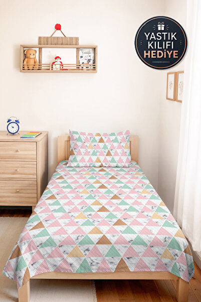 Evimde Bambaşka Geometric Pastel Pink Young Room Single Pique Set - Marble Mi...