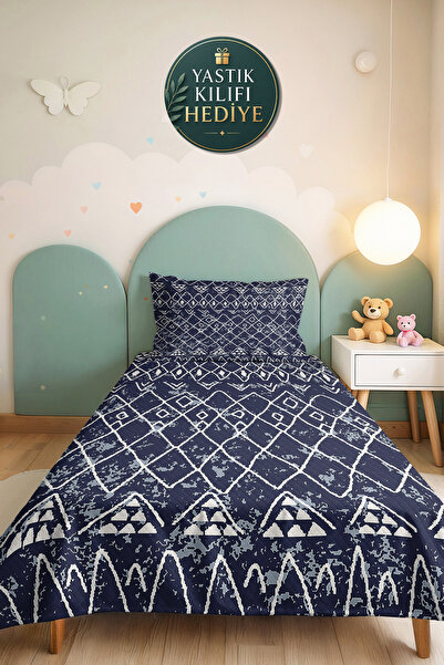 Evimde Bambaşka Navy Blue Geometric Youth Room Single Pique Set - Bohemian Wh...