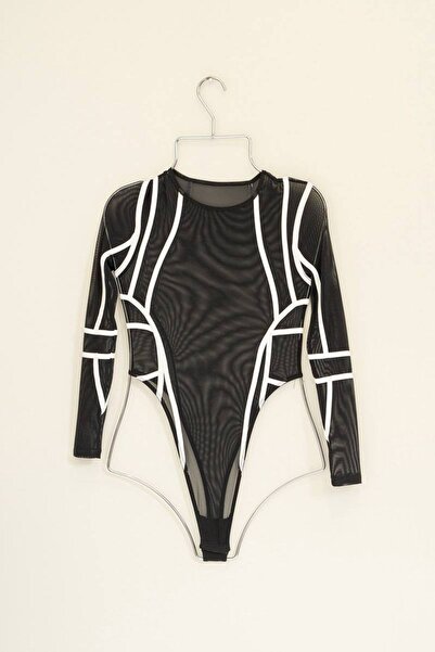 Kikiriki Siyah Tül Detaylı Şeritli Çıtçıtlı Bodysuit Bluz