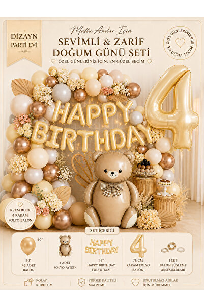 Dizayn Parti Evi Ayıcıklı Doğum Günü Süsleme Seti 1-9 Yaş Krem Happy Birthday...
