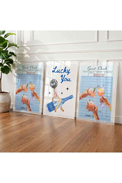 arslart Lucky You Kokteyl Temalı Cam Görünümlü Pleksi Tablo Seti – Modern Ret...