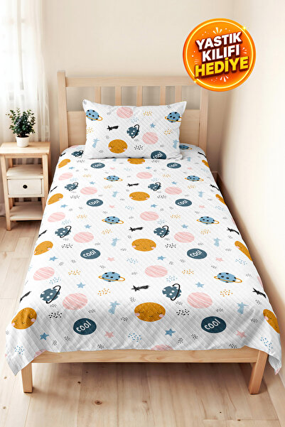 Evimde Bambaşka Space Themed Children's Room Single Pique Set - Pastel Blue P...