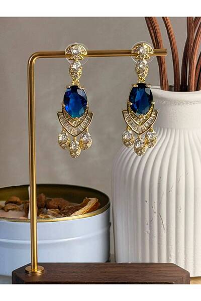 ANKA JEWELLRY Women's Steel Dark Blue Crystal Stone Hanging Earrings