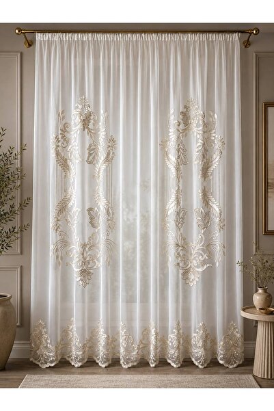 CASA NATURALE Tulle Curtain,Classic Embroidery on Greek Background Tulle