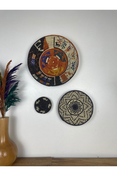 trioso El Yapımı Hasır Duvar Dekoru Seti – 3 Parça Bohem Duvar Tabağı