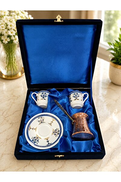 Nihal Süeda Velvet Boxed Copper Coffee Pot and Enamel Model Double Porcelain ...
