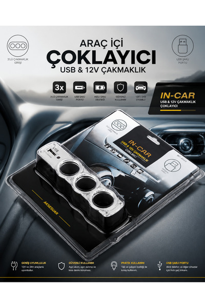 Oto Çizgi 3'lü Araç Çakmaklık Çoklayıcı USB Şarj Girişli 12V-24V Oto Çakmak S...