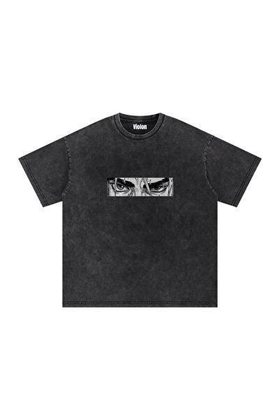 Violon Black Washed Dark Anime Eyes Printed Unisex Oversize T-Shirt