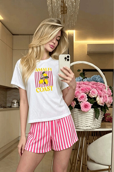 Gece İncisi Lemon Printed Short Sleeve Cotton Shorts Set