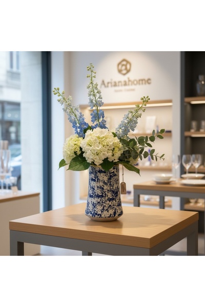 ariana sytle Vază nordică decorată, mată, crem, bleumarin, aurită, 20 cm