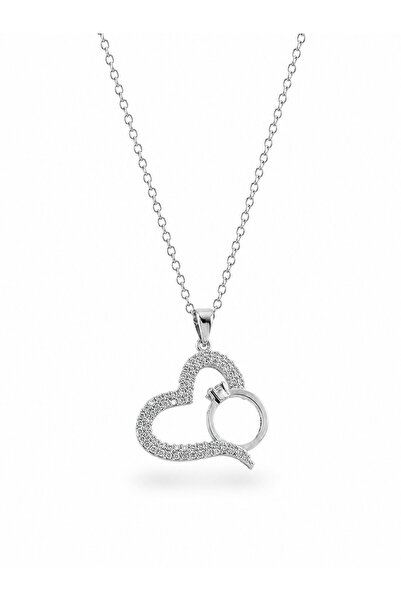 serelya 316L Steel Chain Silver Color Heart Necklace with Zircon Stone and Ring