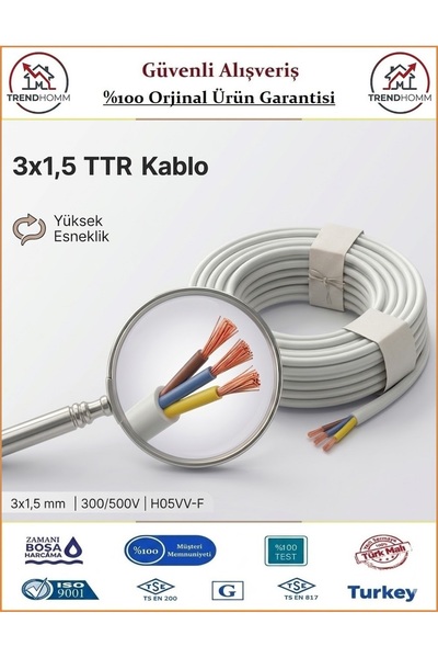 Trendhomm 3x1,5 TTR Elektrik Kablosu - Uzatma Ara Kablo