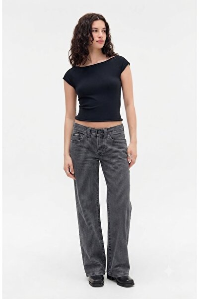 september island Jasika Striped Anthracite Color Low Waist Trousers