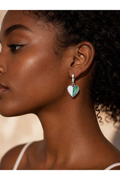 yes ticaret Steel Green Enamel Heart Dangle Hoop Earrings