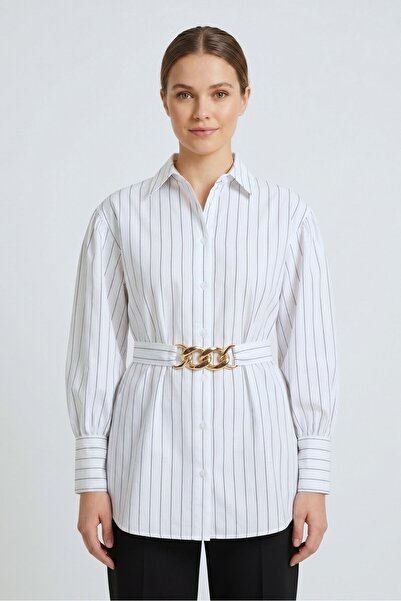 Saade White Striped Oversize Fit Long Shirt with Chain Belt & Drawstring Detail
