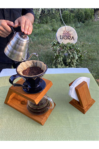 Lioracommerce Ahşap V60 Kahve Demleme Dripper Seti, Kahve Pot ve Filtre Kağıd...