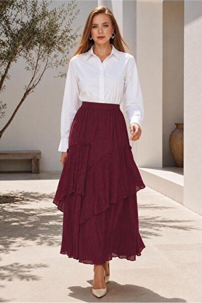 TRENDTESETTÜR KADIN BORDO (VİŞNE) KATLI VUAL ETEK T 7652