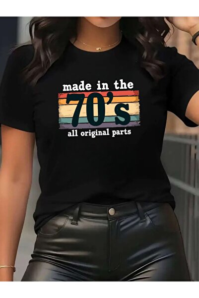 23 nisan Women's Black Short Sleeve T-Shirt - 'Made in the 70s', Multi-colore...